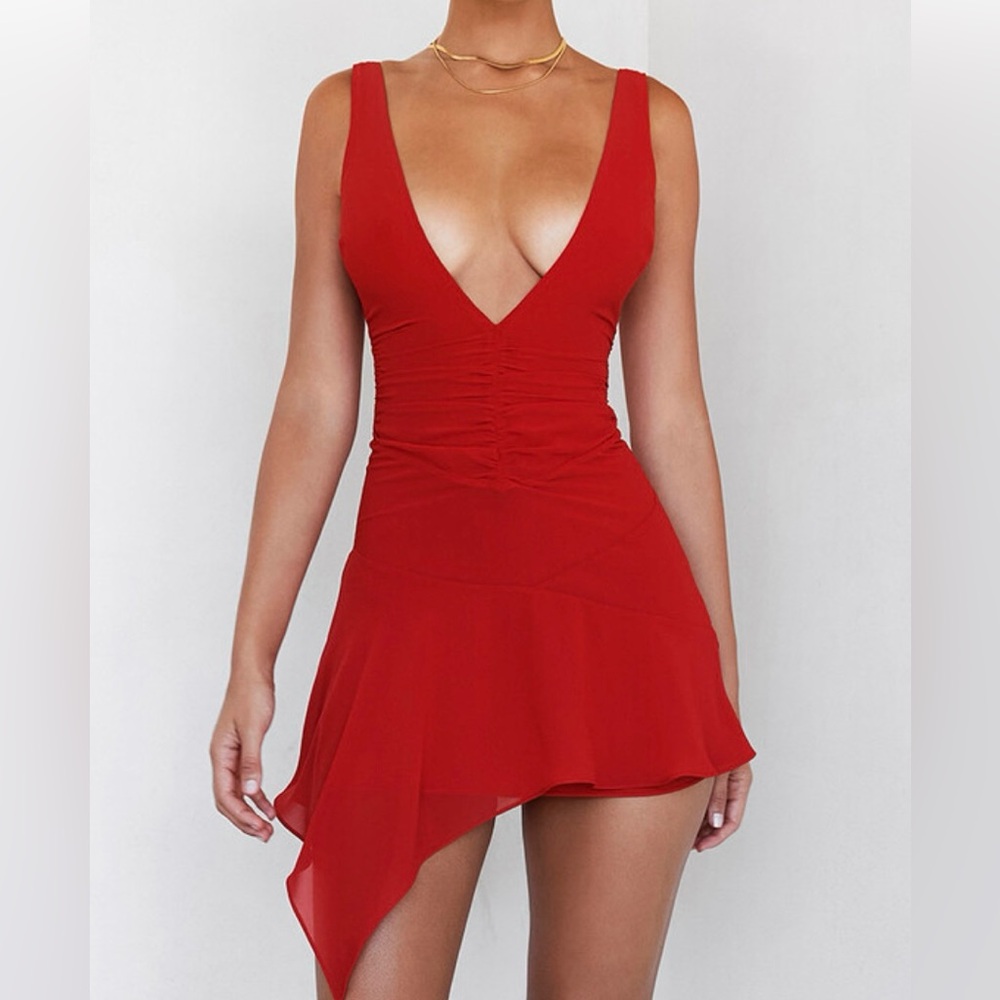 Mistress Rocks Scarlet Plunge Neck Mini Dress